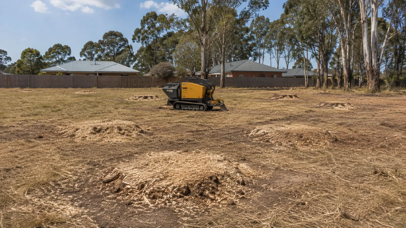 Stump grinder working along a line of cut pine stumps on a cleared rural block, with more stumps and a spoil heap visible across the paddock behind it