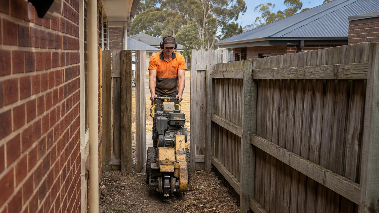 Compact tracked stump grinder being walked through a narrow side passage between a house wall and a timber paling fence, with a gas meter box on the wall ahead of it