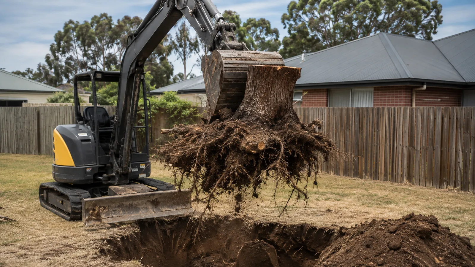 Excavator bucket lifting a large tree stump and its intact root ball clear of an open hole in a suburban backyard, with a spoil pile stacked beside the machine