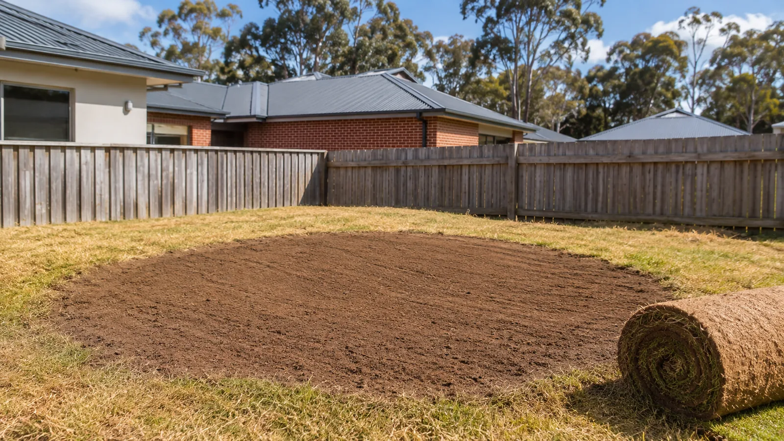 Patch of clean levelled topsoil where a stump was ground out and the grindings removed, surrounded by existing lawn and ready for instant turf